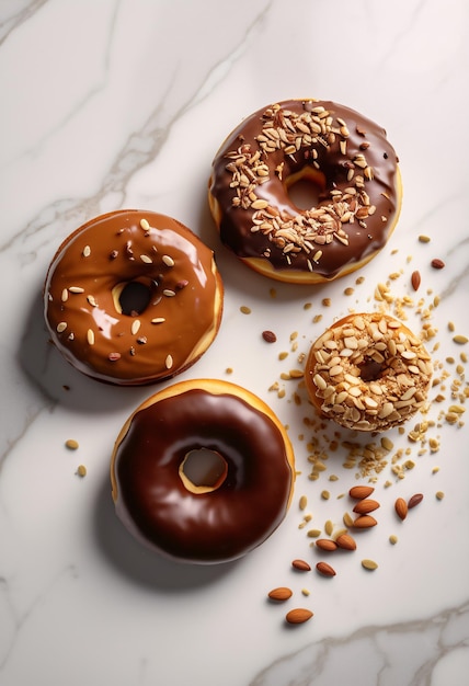 Donut de chocolate con almendra en el suelo blanco