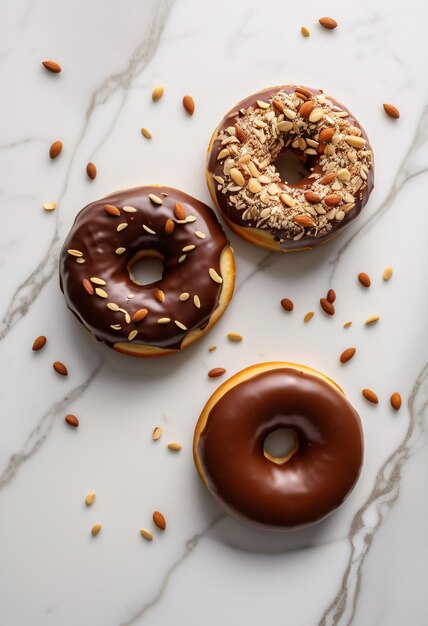 Donut de chocolate con almendra en el suelo blanco