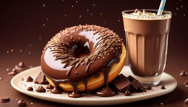 Donut de chocolate con glaseado de chocolate junto a un vaso de batido de chocolate