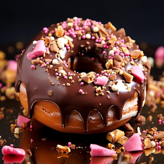 Donut de chocolate con salpicaduras en el fondo oscuro