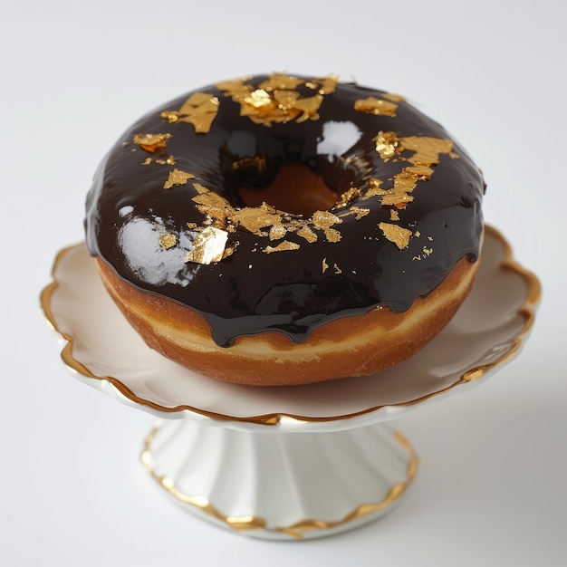 Donut de chocolate con salpicaduras de oro en un plato