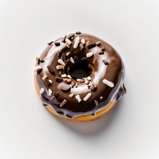 Donut de chocolate sobre fondo blanco.