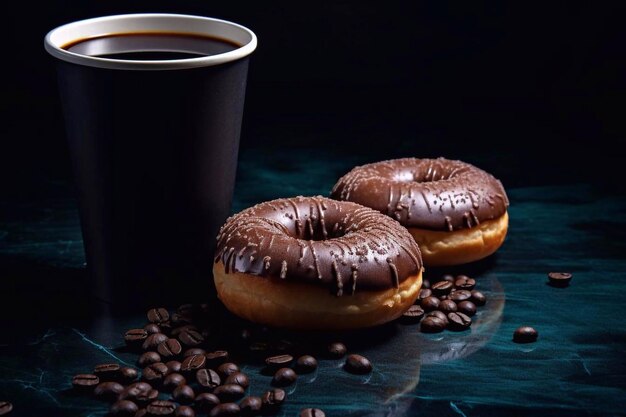 Donut de chocolate y una taza de café.