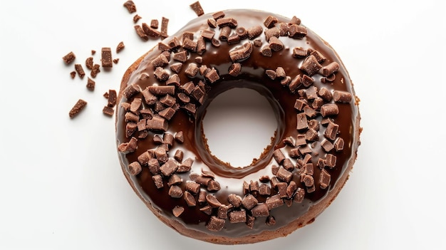 Donut de chocolate visto desde arriba sobre un fondo blanco