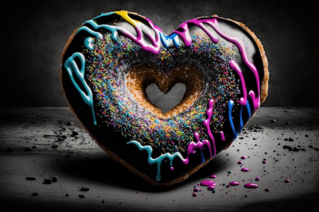 Donut colorido en forma de corazón sobre fondo blanco y negro creado con ai generativo