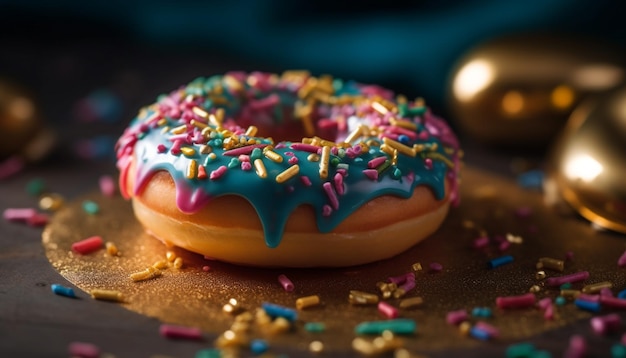 Donut com cobertura de chocolate e confeitos gerados por IA