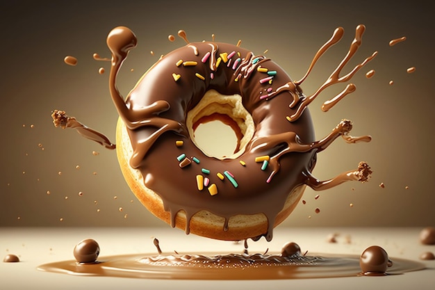 Donut com cobertura de chocolate em fundo marrom