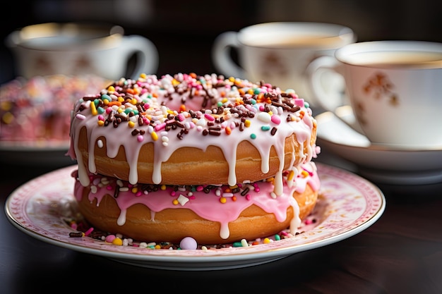 Donut com cobertura rosa ao lado de café fumegante IA gerador