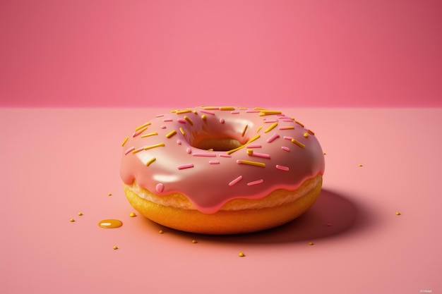 Donut com cobertura rosa e granulado isolado em fundo rosa AI