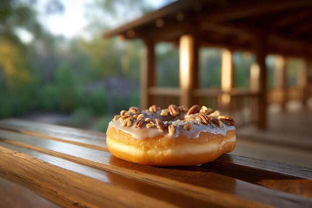 Foto donut com esmalte de bordo coberto com nozes crocantes