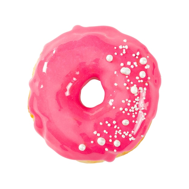 Donut com esmalte de espelho rosa brilhante isolado em branco