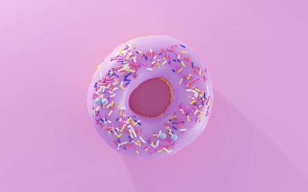 Donut com esmalte de framboesa e polvilho colorido isolado na vista superior de fundo rosa Saboroso donut de morango com creme doce brilhante e pó design moderno simples ilustração 3d realista