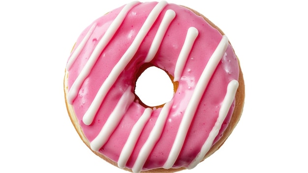 Donut com glasura rosa e listras brancas isoladas em fundo branco Vista superior