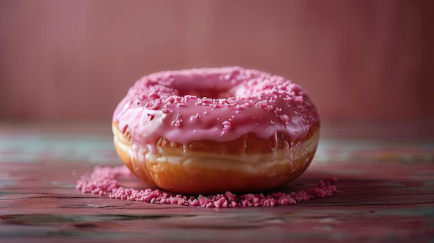 Donut com salpicaduras cor-de-rosa na mesa