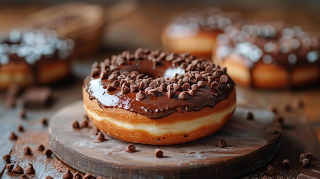 Donut cubierto de chocolate en una tabla de madera