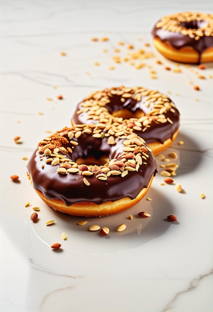 Donut de chocolate com amêndoa no chão branco