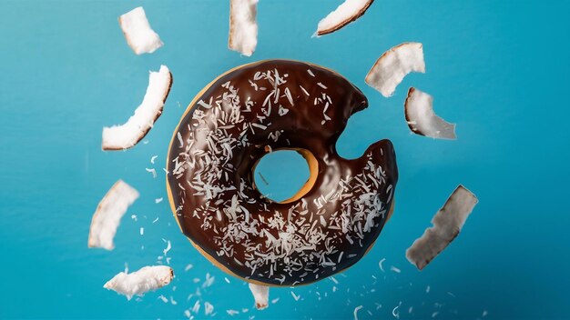 Foto donut de chocolate com flocos de coco voando no ar em um azul