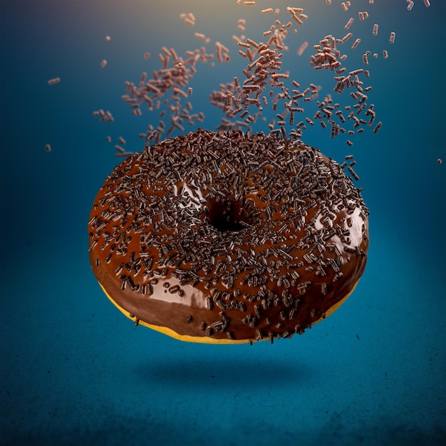 Donut de chocolate doce em movimento caindo no azul.