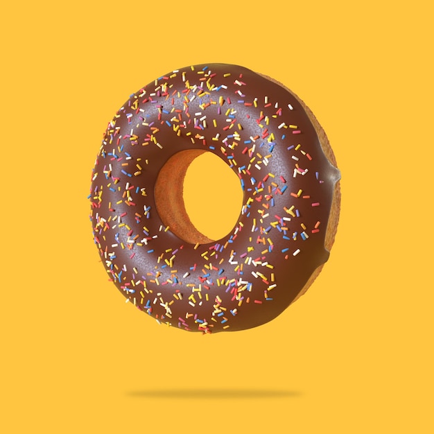 Donut de chocolate em fundo amarelo Conceito criativo mínimo Ilustração de renderização 3D