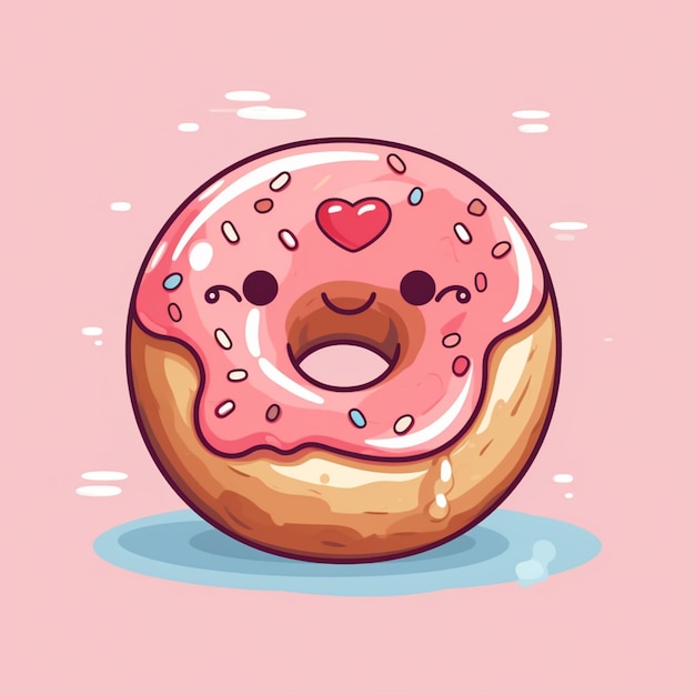 Donut de desenho animado com glasura rosa e salpicaduras com um coração no topo generativo ai