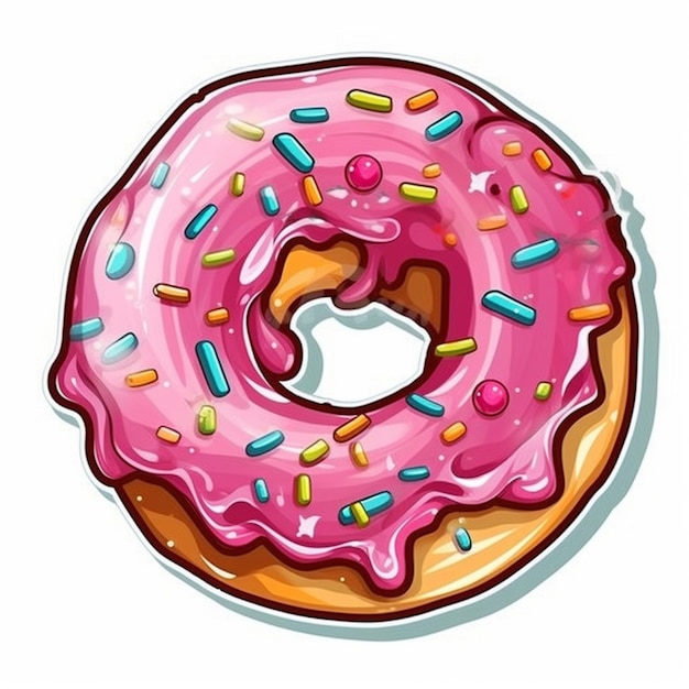 Donut de desenho animado com glasura rosa e salpicaduras em um fundo branco