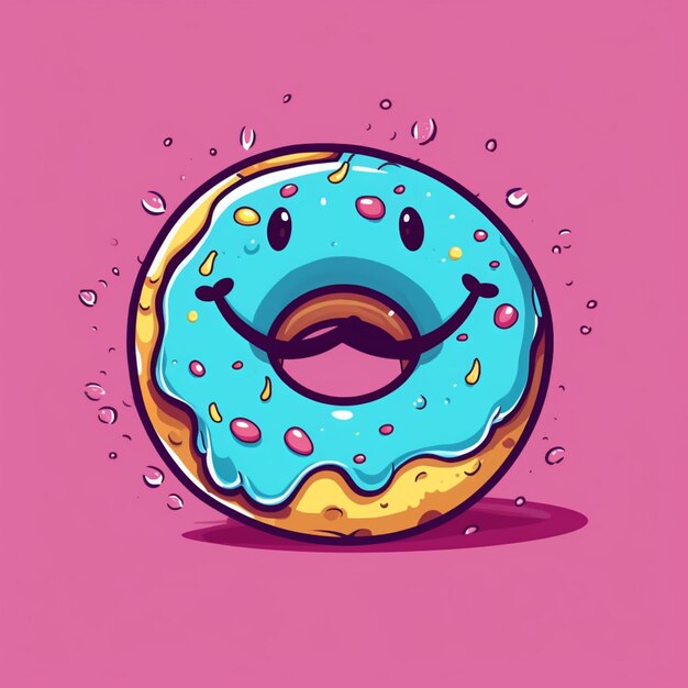 Foto donut de desenho animado com uma cara feliz e granulado sobre ele ai generativo