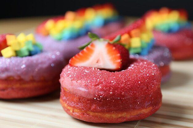 Foto donut de morango com açúcar arco-íris