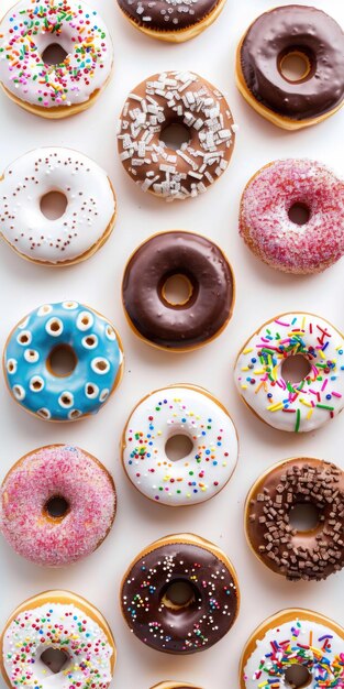 Donut Delight Donuts coloridos variados com chocolate frosted sprinkles e glaze em branco