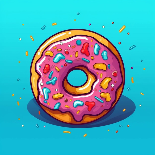 Donut de dibujos animados con salpicaduras y glaseado de colores en un fondo azul