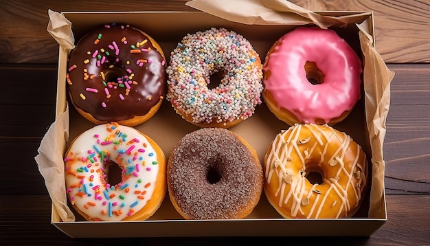 Donut de diferentes colores surtidos en una vista superior de la caja