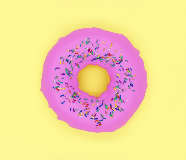 Foto donut doce com esmalte rosa em fundo amarelo, ilustração 3d