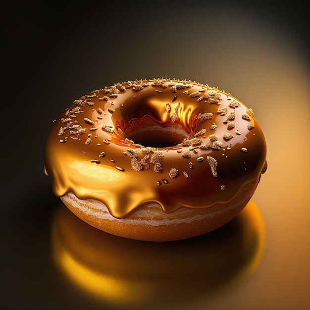 Donut dourado perfeito com esmalte e granulado em fundo dourado AI