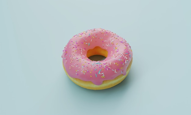 Donut dulce con glaseado rosa y chispitas de colores sobre fondo azul pastel. Diseño de rosquilla realista 3d con glaseado de azúcar rosa, concepto de entorno creativo, de cerca