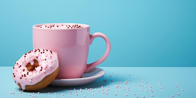 Foto donut dulce con salpicaduras rosadas y té o café espacio de fondo azul para el texto ia generativa