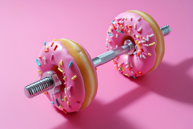 Donut dumbbell má nutrição de fitness conceito criativo para um estilo de vida saudável esporte e musculação