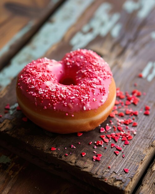 Donut em forma de coração com esmalte rosa e salpicaduras em um fundo de madeira Dia dos Namorados