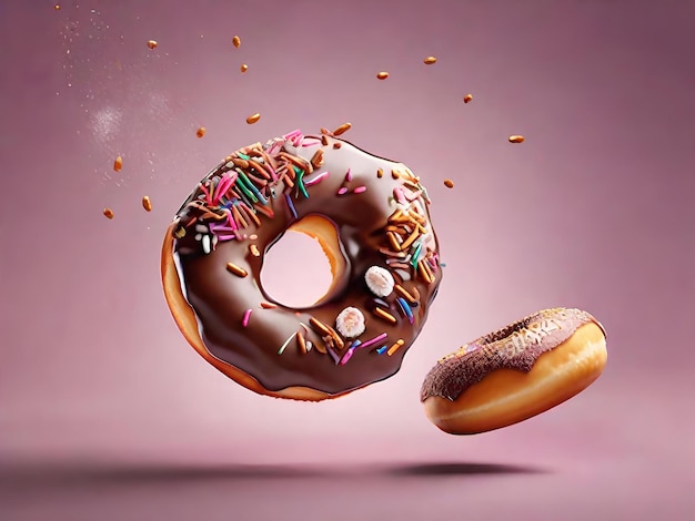 Donut flotante con glaseado de chocolate delicioso y satisfactorio regalo postre cinematógrafo