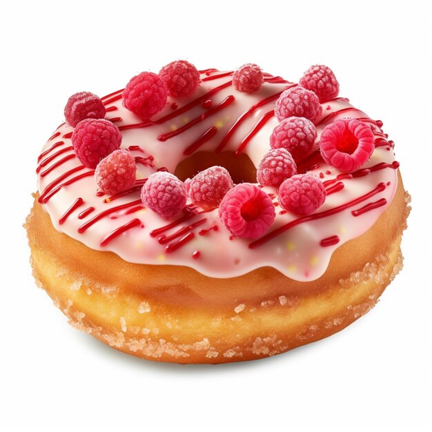 Un donut con frambuesas y glaseado rojo