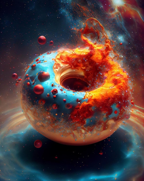 Un donut con un glaseado azul y chispitas rojas.