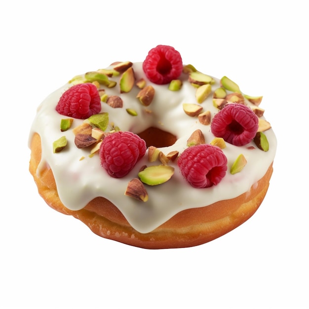 Un donut con glaseado blanco y pistachos encima