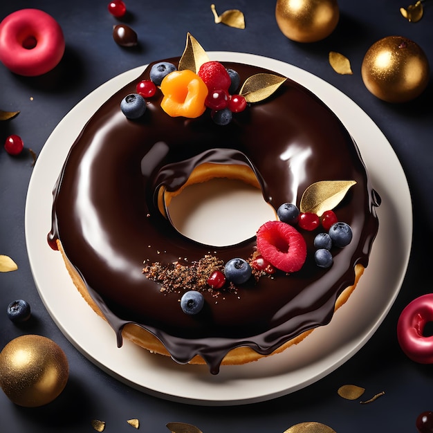 donut con glaseado de chocolate y bayas sobre un fondo oscuro