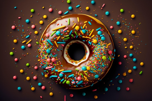 Donut con glaseado de chocolate y chispas en la mesa IA generativa