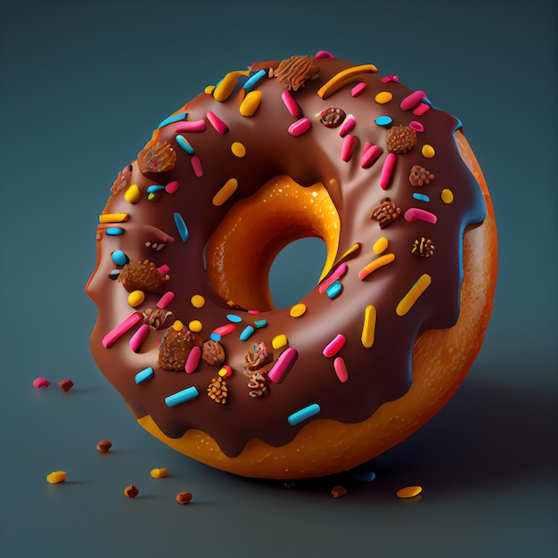 Donut con glaseado de chocolate y chispas sobre fondo oscuro renderizado 3d