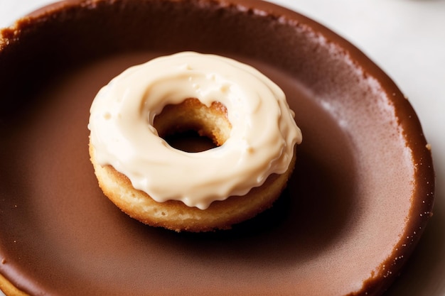 Un donut con un glaseado en la parte superior se sienta en un plato marrón.