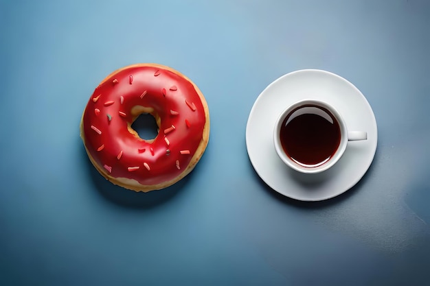 Un donut con glaseado rojo junto a una taza de café.