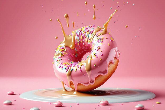 Donut glaseado rosa sobre fondo rosa pastel