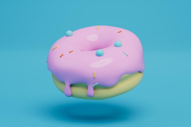 Un donut grande con glaseado rosa sobre un fondo azul 3D Render