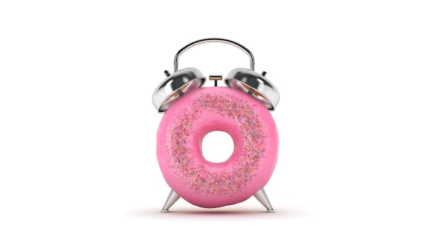 Donut de la hora del desayuno con la forma de un reloj de representación 3d