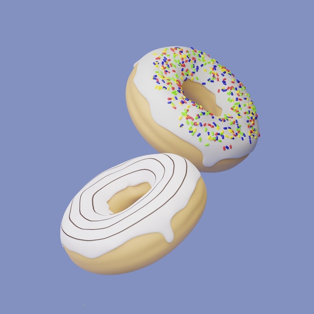 Foto donut ilustración 3d sobre fondo azul donut con glaseado blanco y chispitas de colores sobre una ba azul