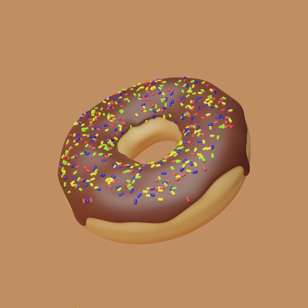 Foto donut ilustración 3d sobre fondo azul donut con glaseado de chocolate y chispitas de colores sobre un blu